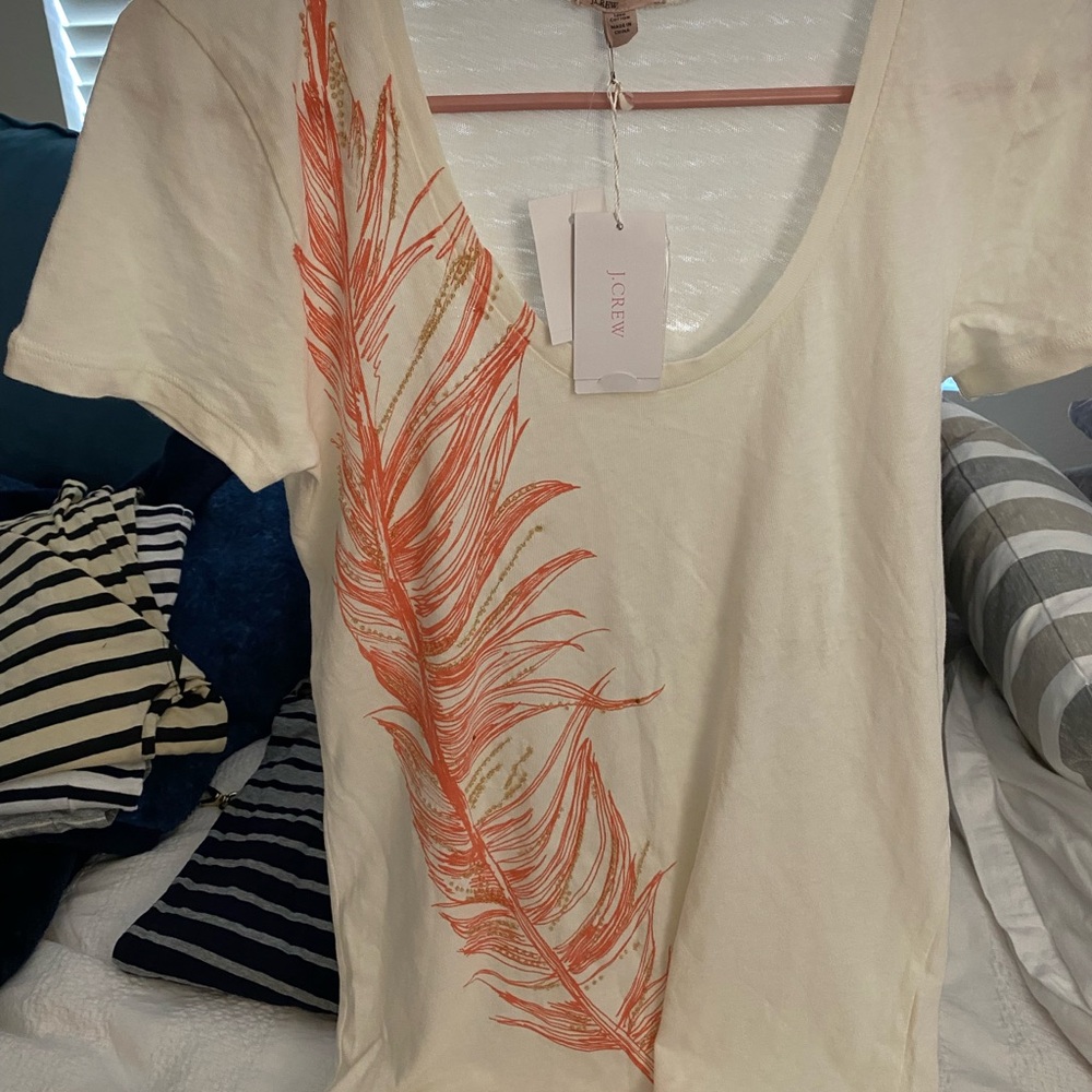 J. Crew Cream Tee with Orange Feather Design